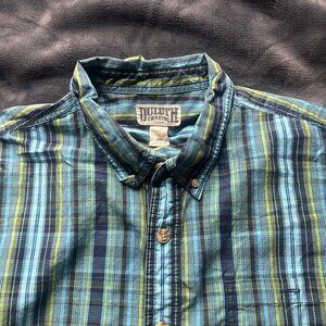 Duluth Trading Co Short Sleeve Shirt 2XL Blue Green Yellow Plaid